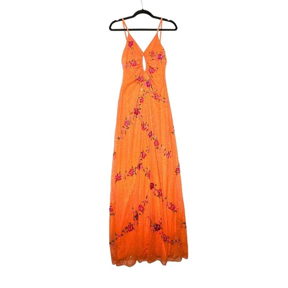 Vtg Y2k Womens Orange Sequin Ruffle Mandalay Fairy Prom Dress Sz XS FLAW